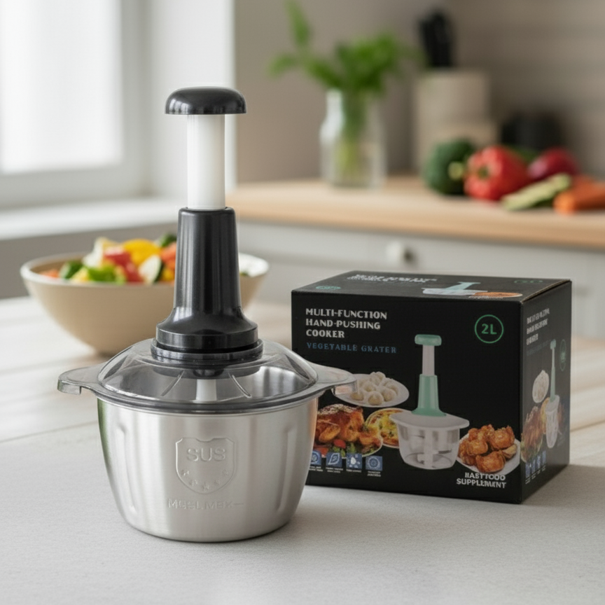 Manual 2L Multi-Function Food Processor – Hand-Push Grater & Chopper